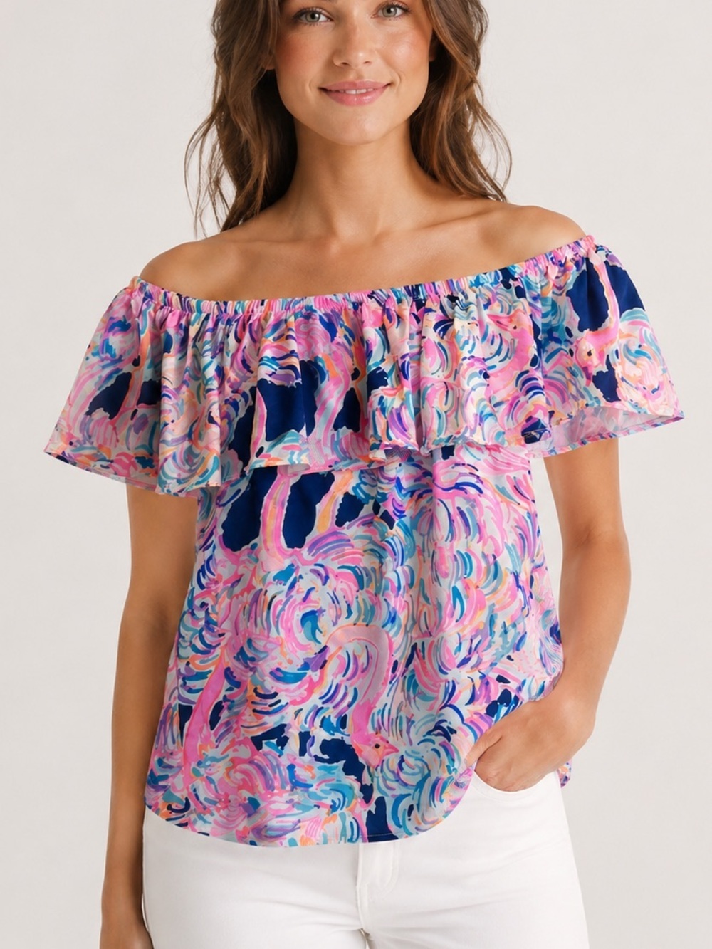 Lilly Pulitzer Alanna Off Shoulder Ruffle Top S Flamingoals Print Pink Aqua
